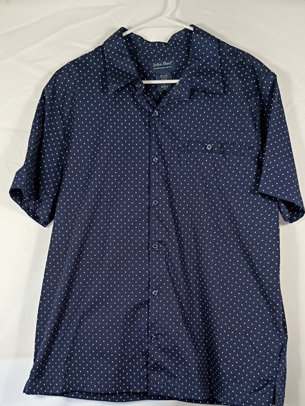 EUC John Blair Mens Navy Polka Dot Short Sleeve Shirt Size Large Summer Work